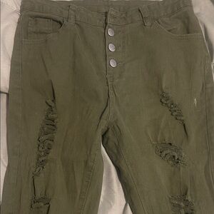 SHEIN Olive Green Skinny Distressed Button-Fly Jeans